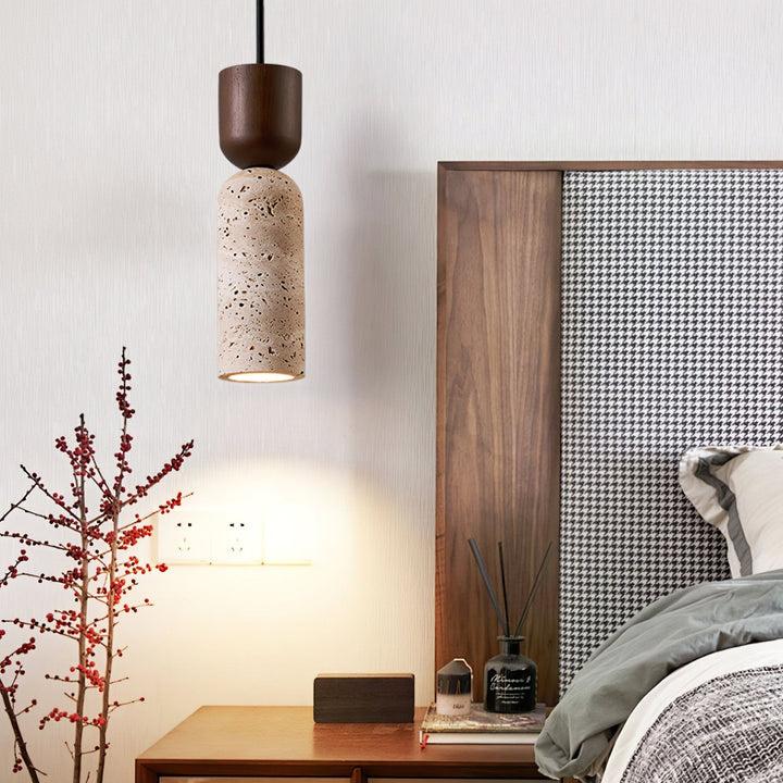 Travertine Column Pendant Light Walnut Cap 2.6 in Set of 2 8