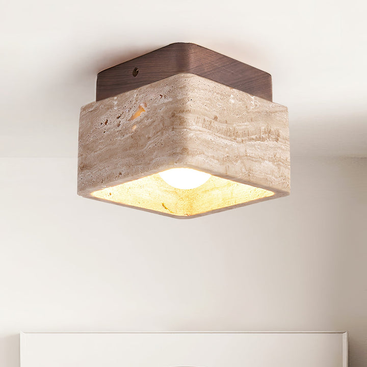 Travertine Cube Ceiling Light Square Stone on Wood 4.7 in Set of 3 2