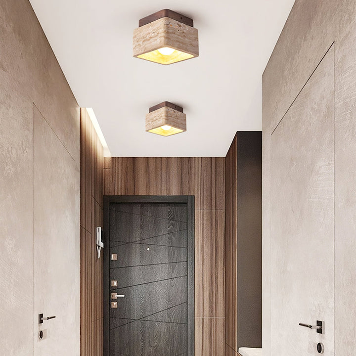 Travertine Cube Ceiling Light Square Stone on Wood 4.7 in Set of 3 6
