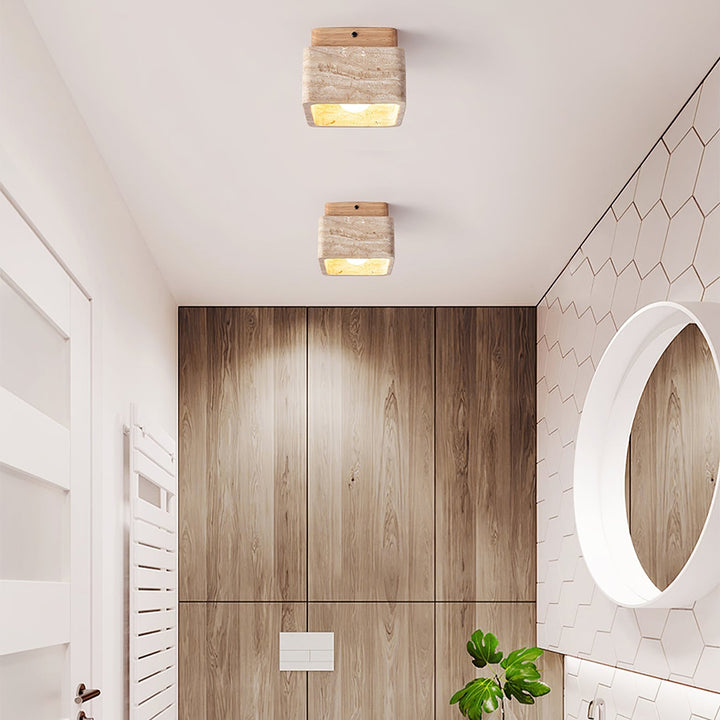 Travertine Cube Ceiling Light Square Stone on Wood 4.7 in Set of 3 7