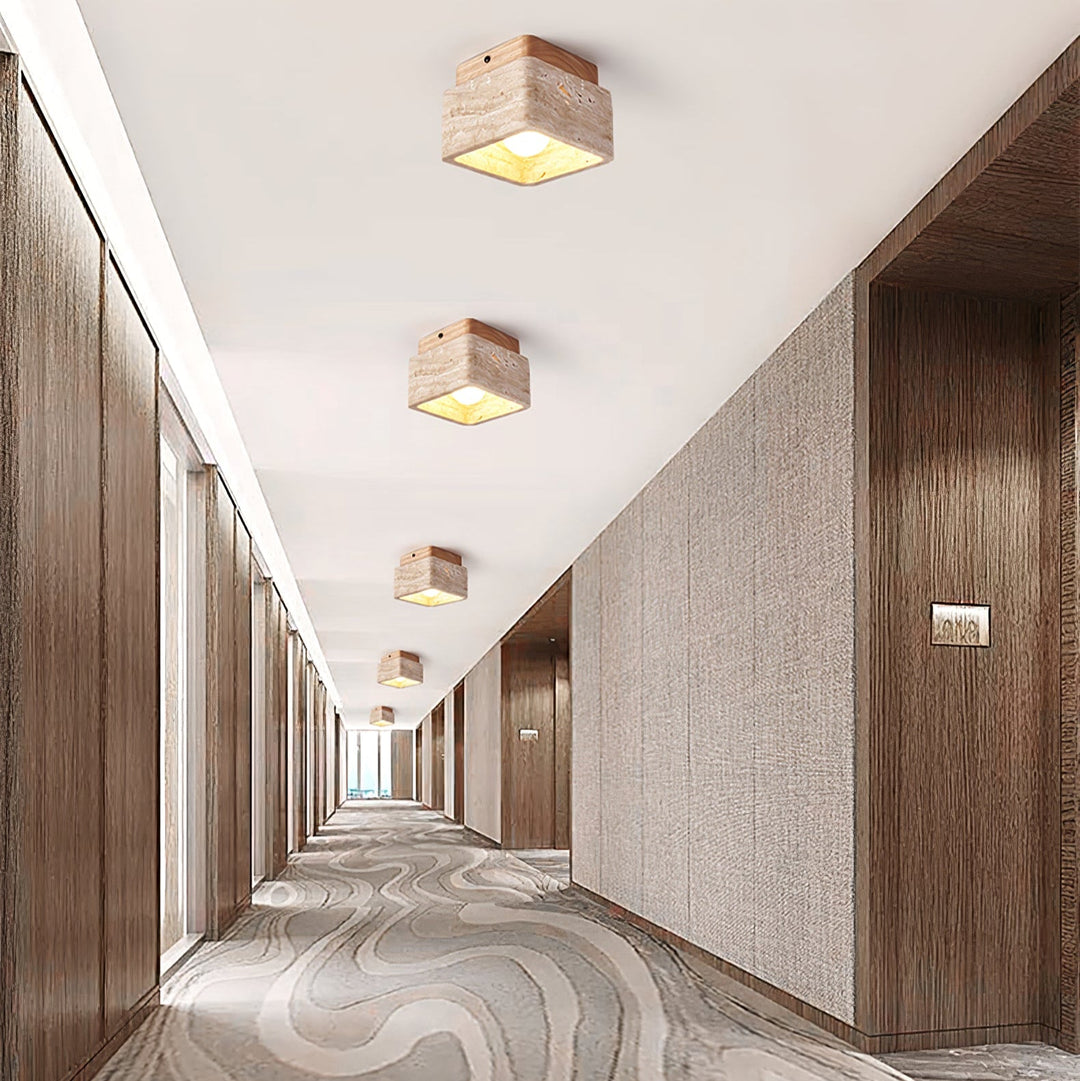 Travertine Cube Ceiling Light Square Stone on Wood 4.7 in Set of 3 8
