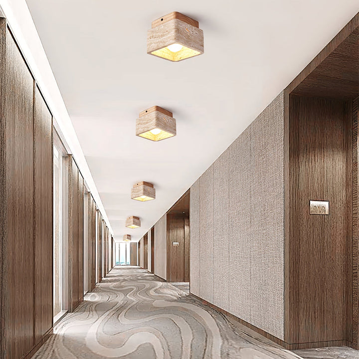 Travertine Cube Ceiling Light Square Stone on Wood 4.7 in Set of 3 8