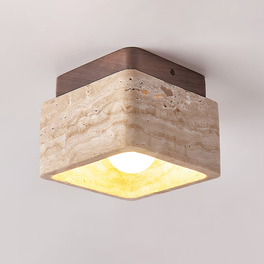 Travertine Cube Ceiling Light Square Stone on Wood 4.7 in Set of 3 Walnut and Yellow Travertine 1
