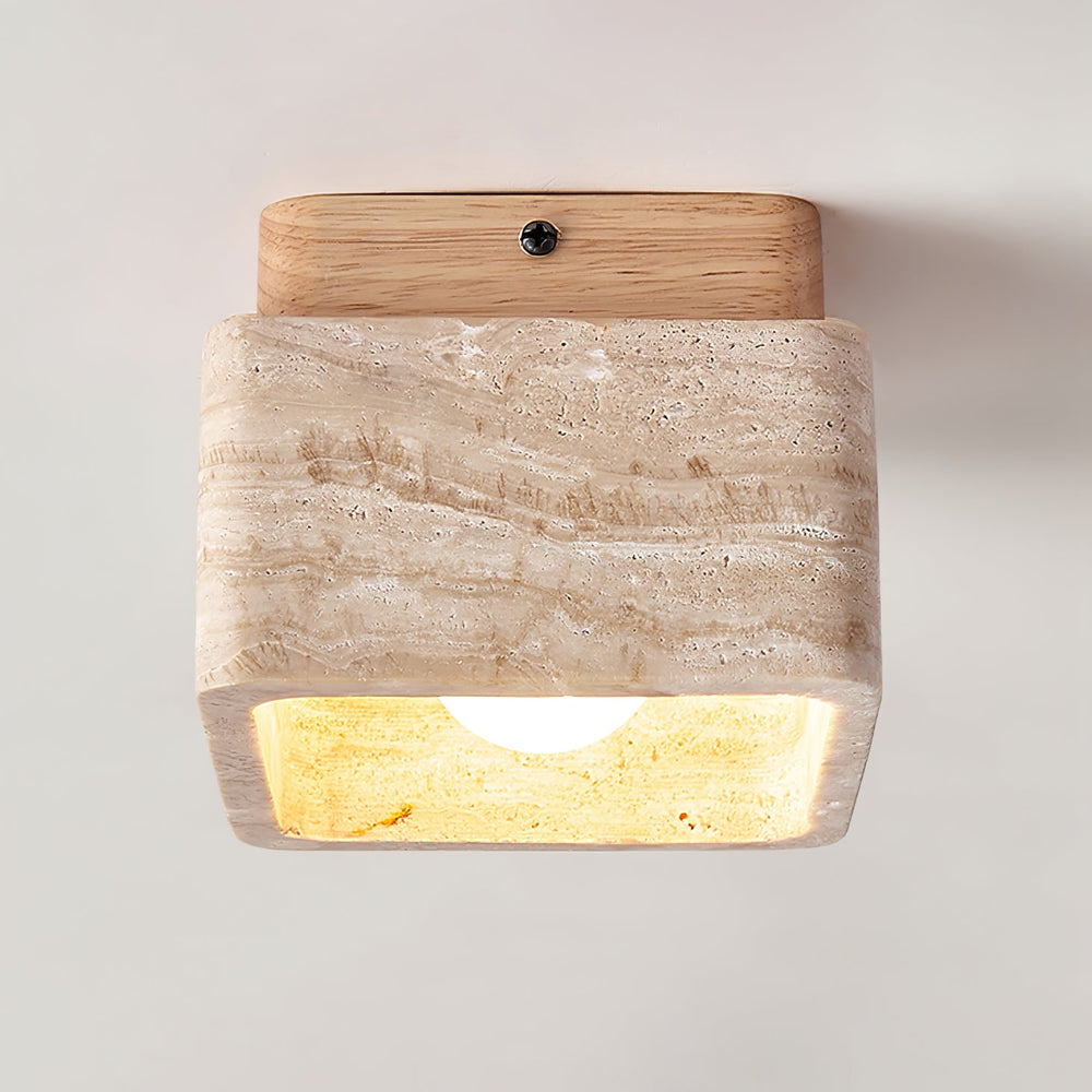 Travertine Cube Ceiling Light Square Stone on Wood 4.7 in Set of 3 Wood and Yellow Travertine 1