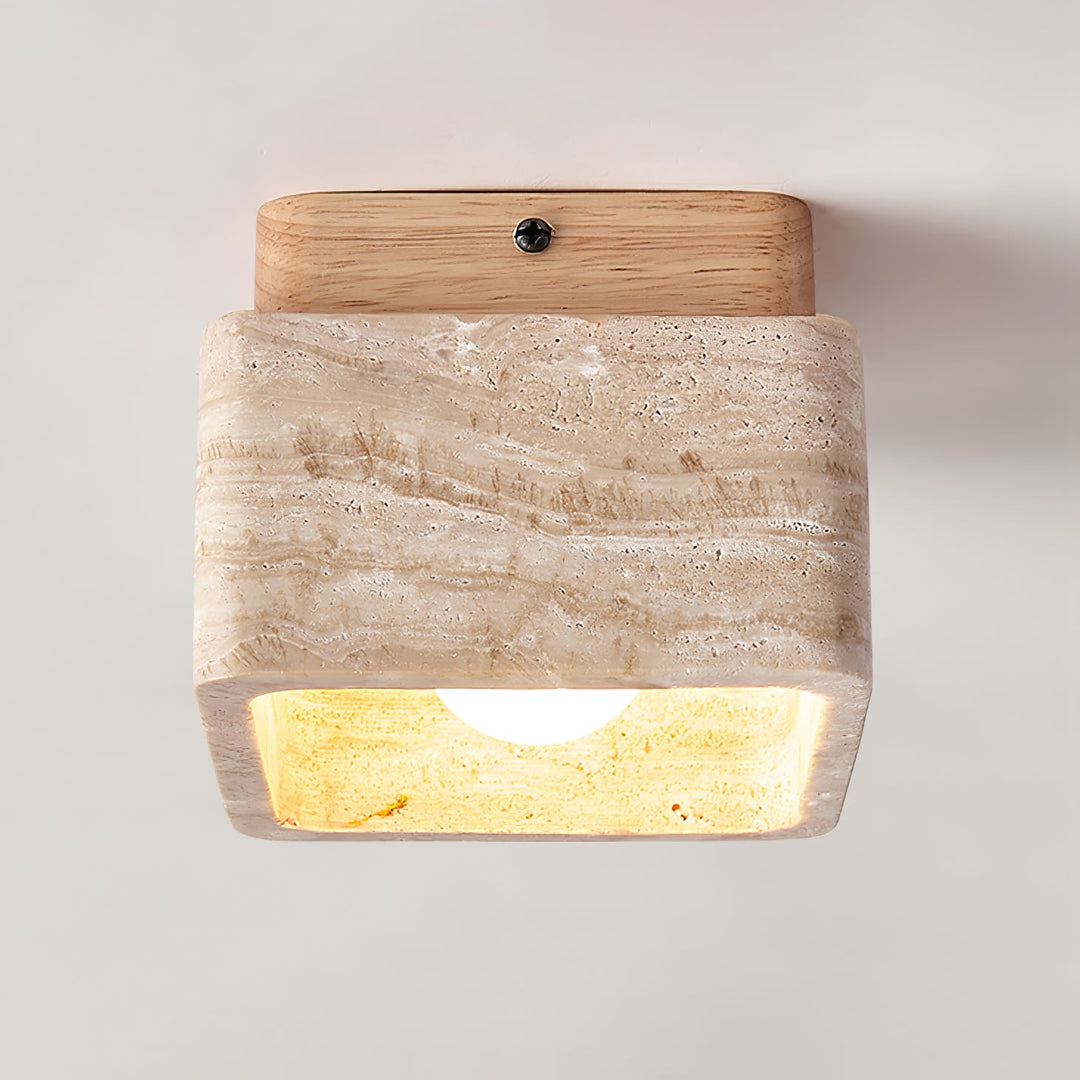 Travertine Cube Ceiling Light Square Stone on Wood 4.7 in Set of 3 Wood and Yellow Travertine 1