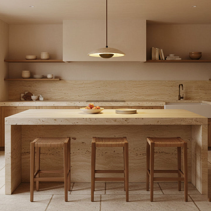 Travertine Disc Pendant Light Solid Wood 9.8 in Set of 2 4