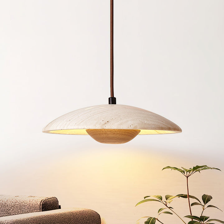 Travertine Disc Pendant Light Solid Wood 9.8 in Set of 2 6