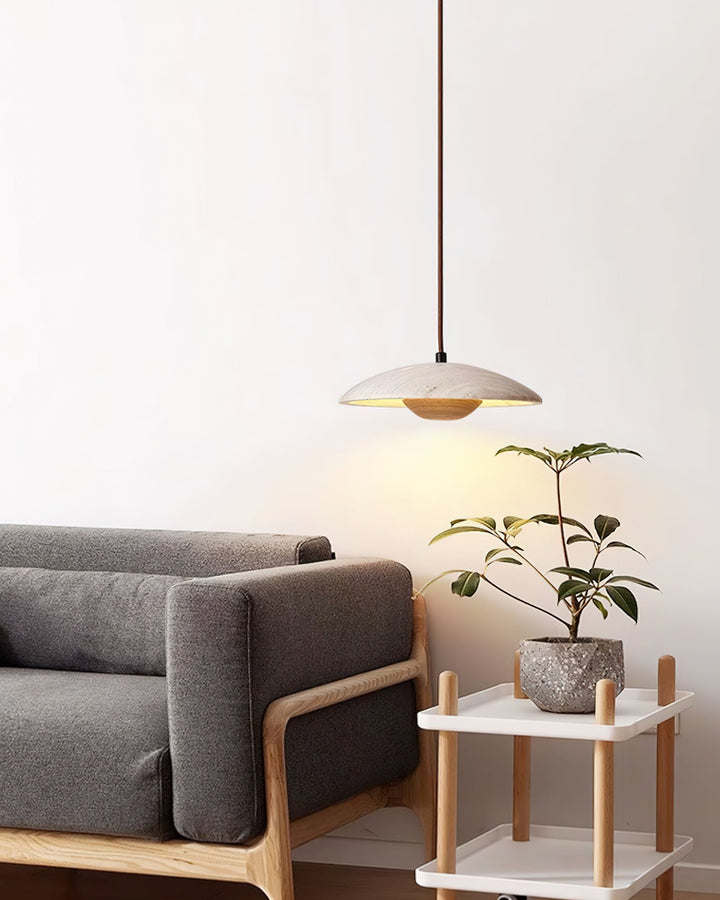 Travertine Disc Pendant Light Solid Wood 9.8 in Set of 2 7