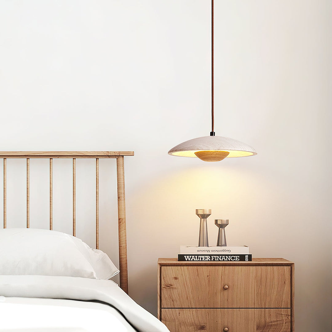 Travertine Disc Pendant Light Solid Wood 9.8 in Set of 2 8