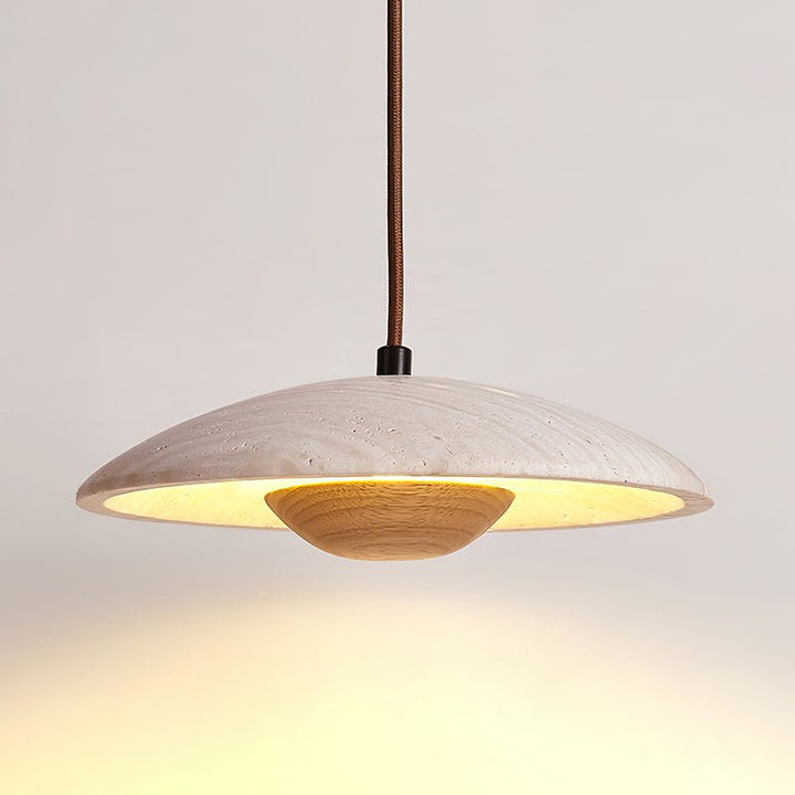 Travertine Disc Pendant Light Solid Wood 9.8 in Set of 2 Natural Wood 1