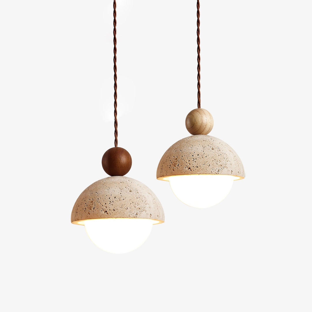 Travertine Dome Pendant Light Wood Ball 5.9 in Set of 3 1