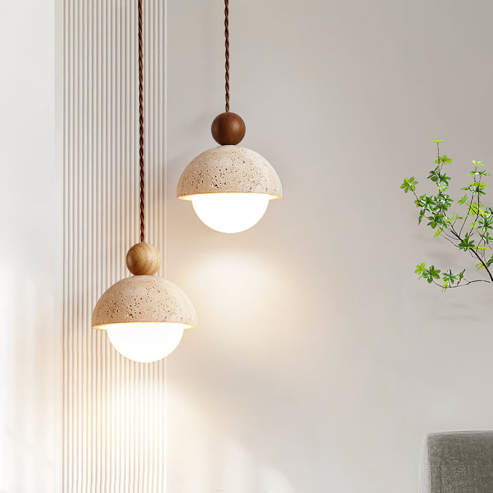 Travertine Dome Pendant Light Wood Ball 5.9 in Set of 3 5