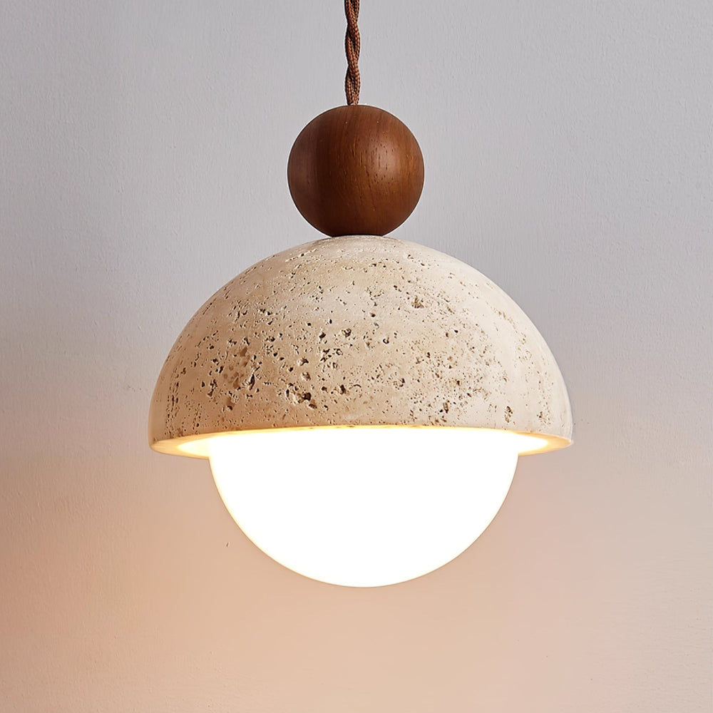 Travertine Dome Pendant Light Wood Ball 5.9 in Set of 3 Dark Walnut and Yellow Travertine 1