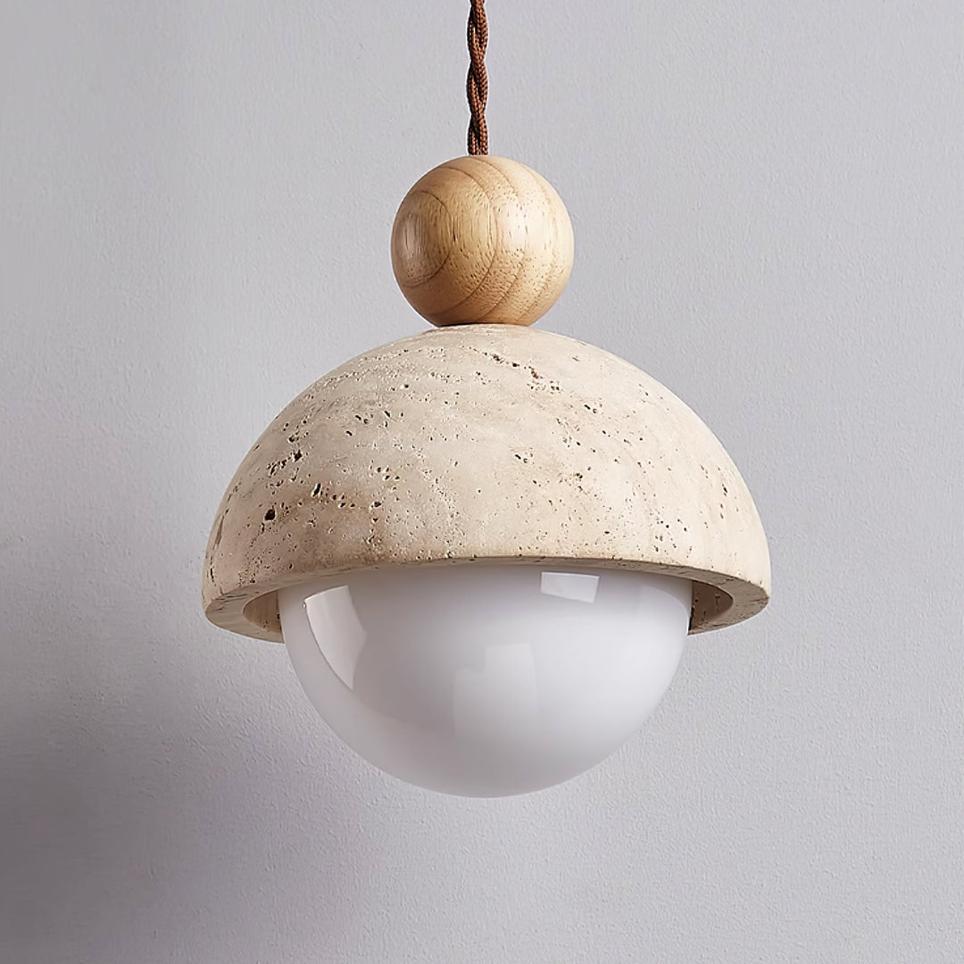 Travertine Dome Pendant Light Wood Ball 5.9 in Set of 3 Wood and Yellow Travertine 1