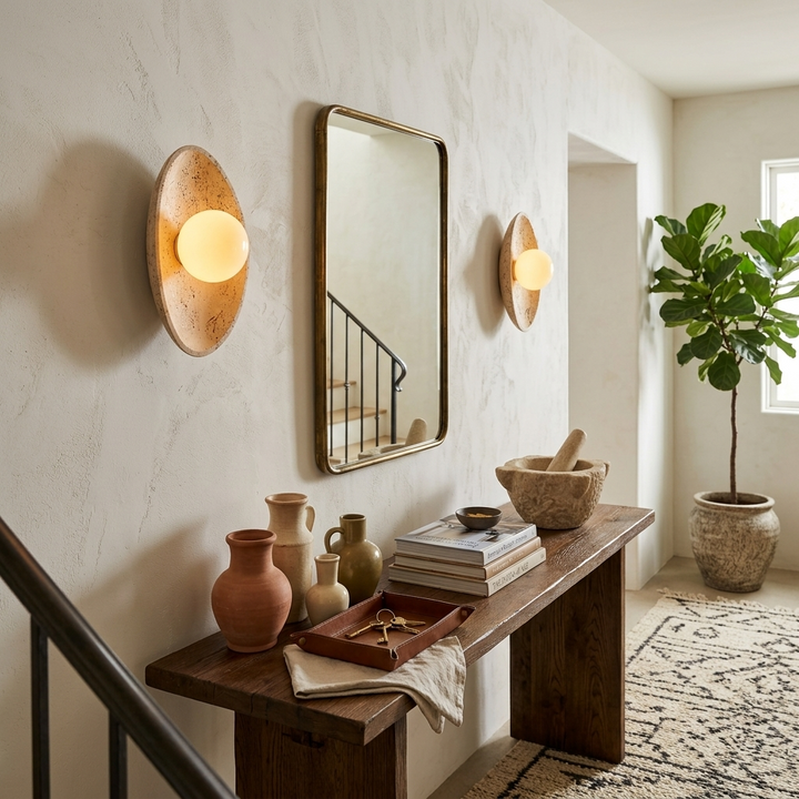 Travertine Pebble Wall Sconce Opal Glass Globe 6.3 x 9.8 in Set of 3 6