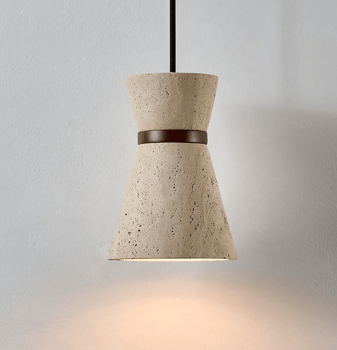 Travertine Pendant Light Hourglass Stone and Wood 5.1 in Set of 2 2