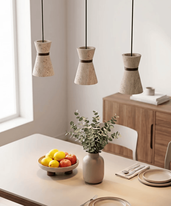 Travertine Pendant Light Hourglass Stone and Wood 5.1 in Set of 2 4