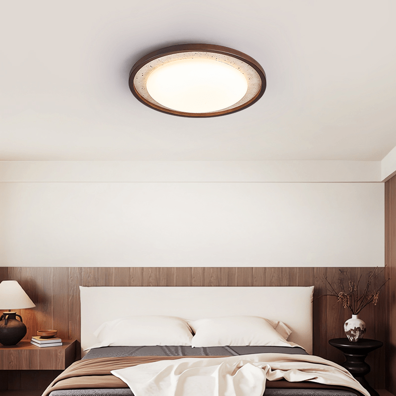 Travertine Ring Ceiling Light Walnut Frame LED 18.5 in Set of 2 1