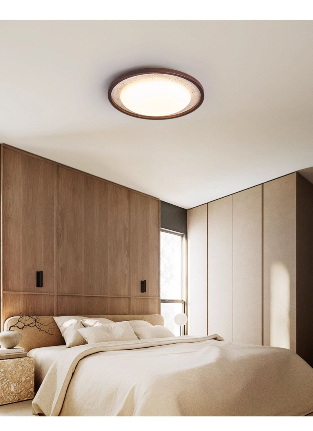 Travertine Ring Ceiling Light Walnut Frame LED 18.5 in Set of 2 6
