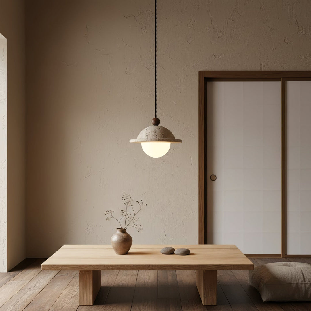 Travertine Saucer Pendant Light Walnut Bead 7.1 in 7