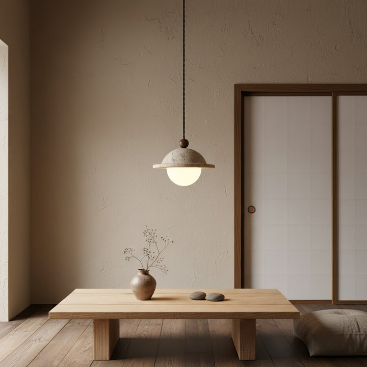 Travertine Saucer Pendant Light Walnut Bead 7.1 in 7