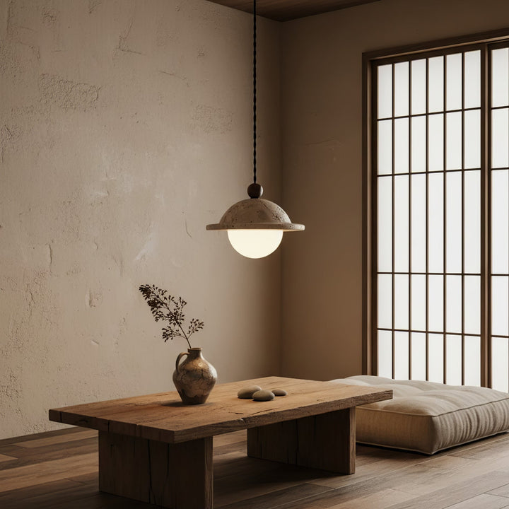 Travertine Saucer Pendant Light Walnut Bead 7.1 in 8