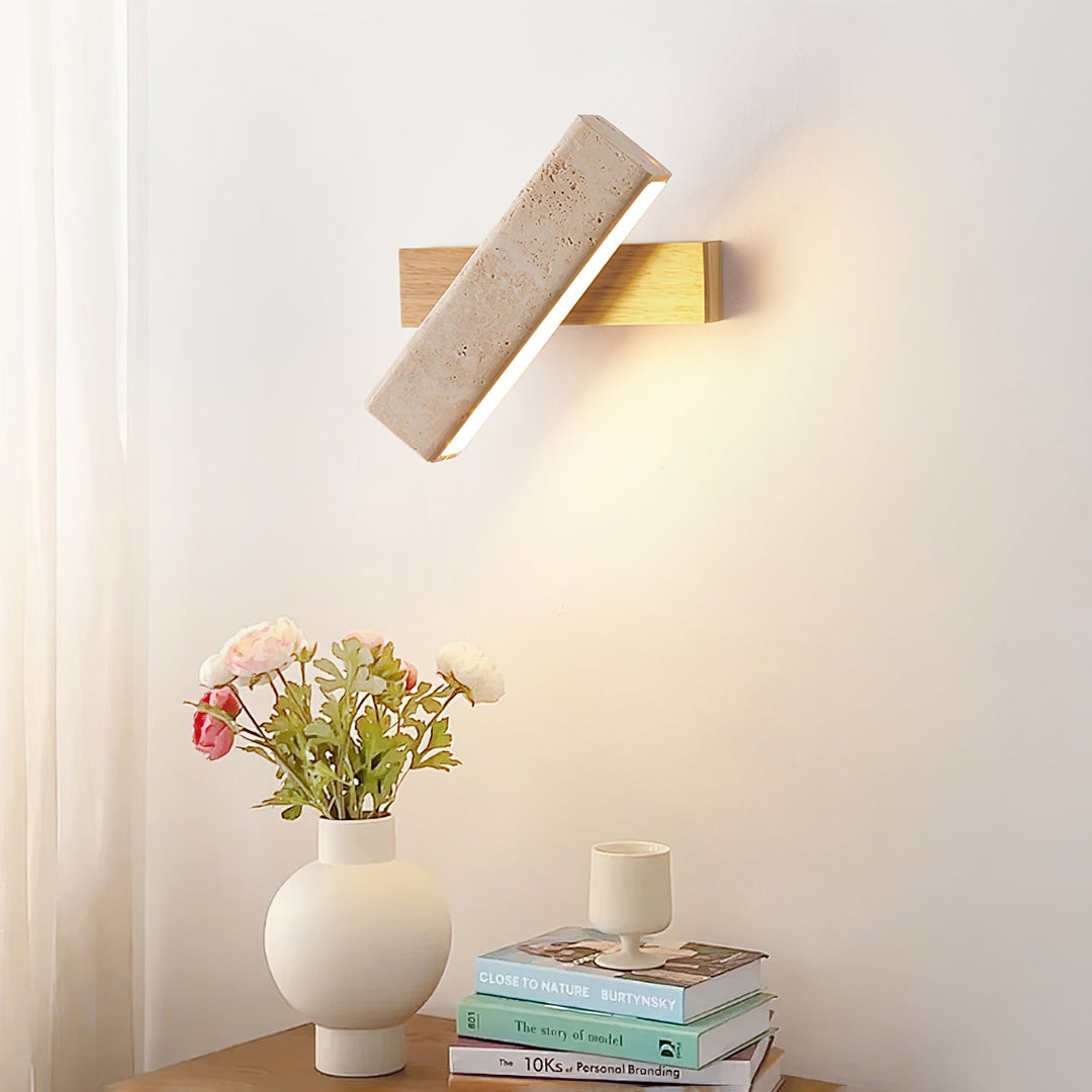 Travertine Wall Lamp Angled Stone Bar on Wood 7.1 in Set of 2 4