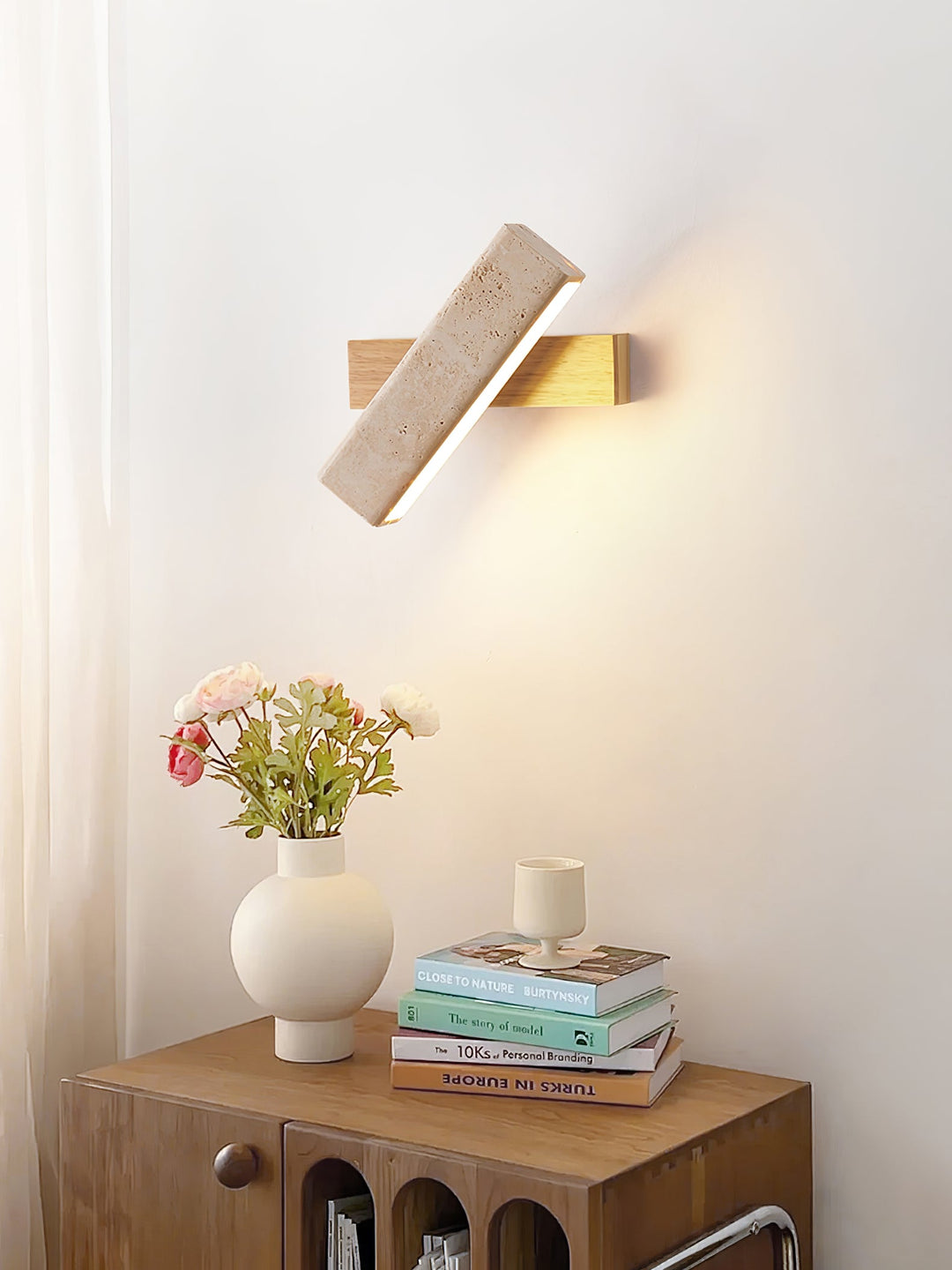 Travertine Wall Lamp Angled Stone Bar on Wood 7.1 in Set of 2 6