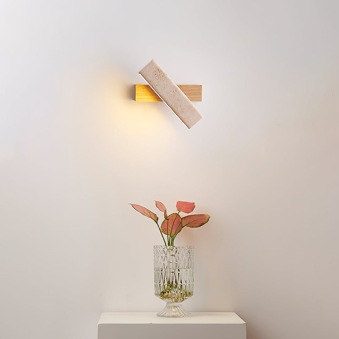Travertine Wall Lamp Angled Stone Bar on Wood 7.1 in Set of 2 7