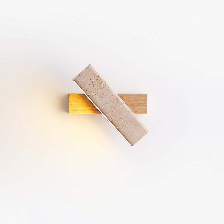 Travertine Wall Lamp Angled Stone Bar on Wood 7.1 in Set of 2 Wood and Yellow Travertine 1