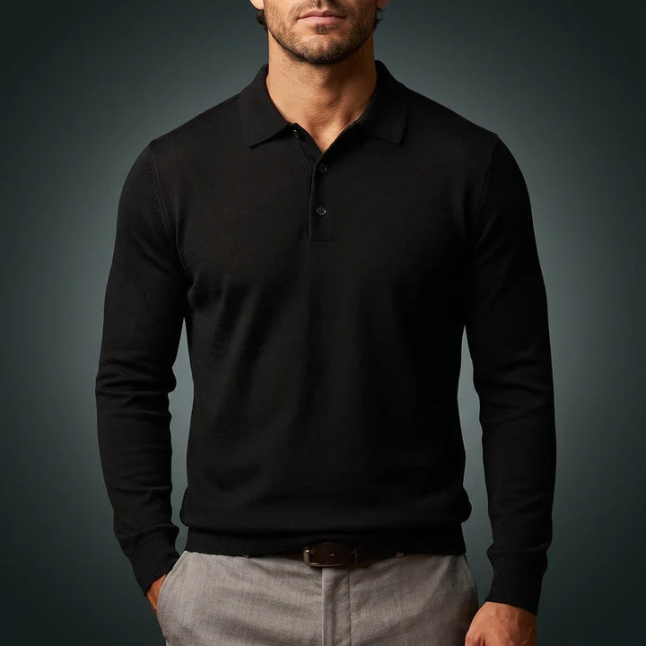 Trim Fit Merino Wool Blend Long Sleeve Knit Polo Black 1