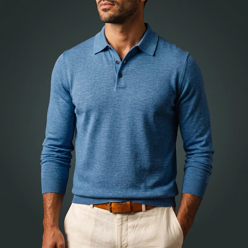Trim Fit Merino Wool Blend Long Sleeve Knit Polo Blue 1