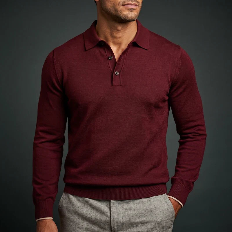 Trim Fit Merino Wool Blend Long Sleeve Knit Polo Burgundy 1
