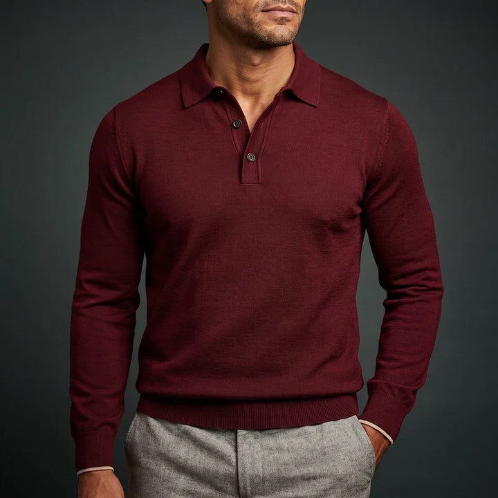 Trim Fit Merino Wool Blend Long Sleeve Knit Polo Burgundy 1