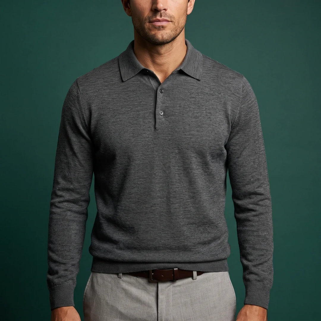 Trim Fit Merino Wool Blend Long Sleeve Knit Polo Gray 1