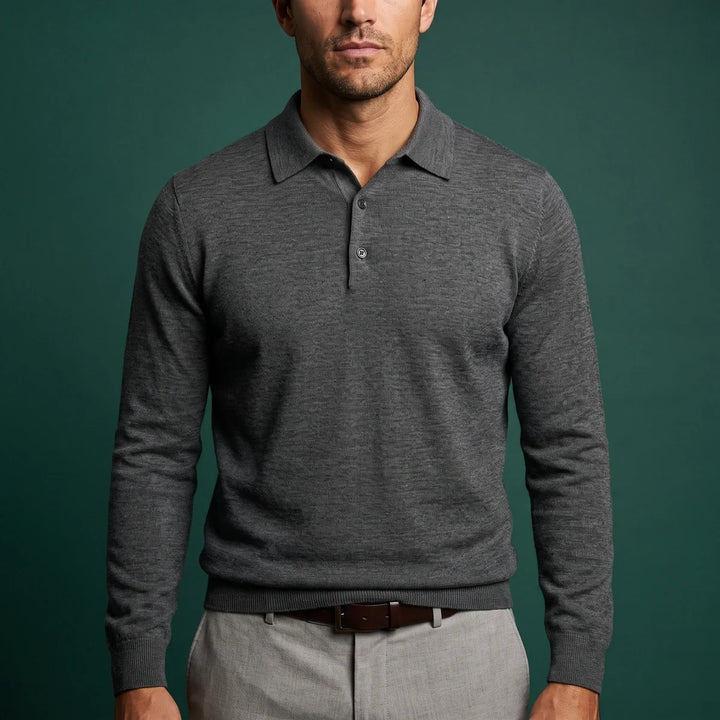 Trim Fit Merino Wool Blend Long Sleeve Knit Polo Gray 1