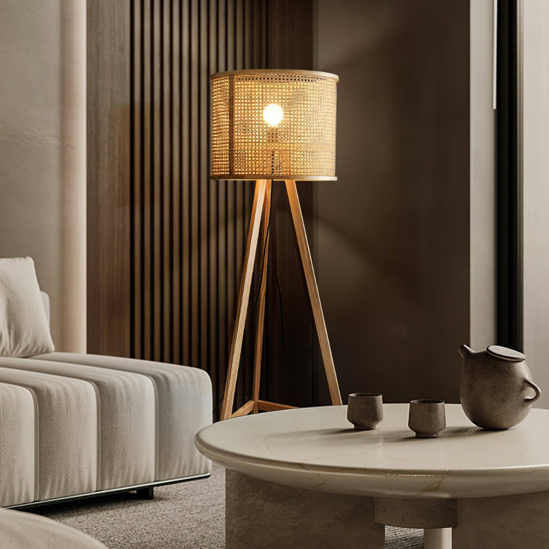 Tripod Wood Floor Lamp Woven Rattan Shade 61.8 in 1