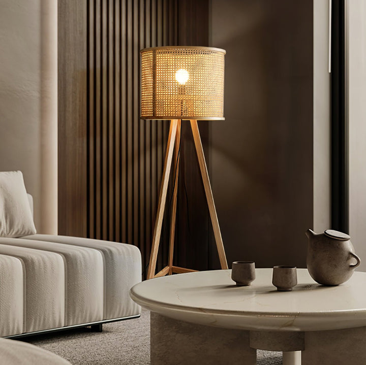 Tripod Wood Floor Lamp Woven Rattan Shade 61.8 in 1