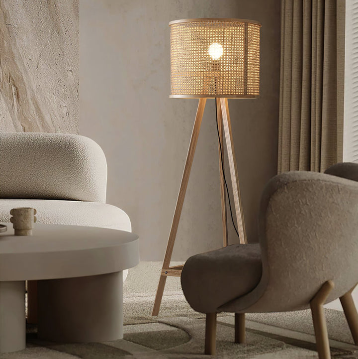 Tripod Wood Floor Lamp Woven Rattan Shade 61.8 in 2