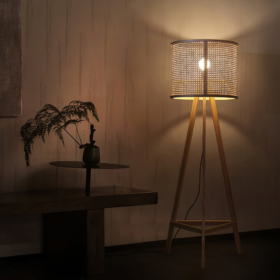 Tripod Wood Floor Lamp Woven Rattan Shade 61.8 in 5
