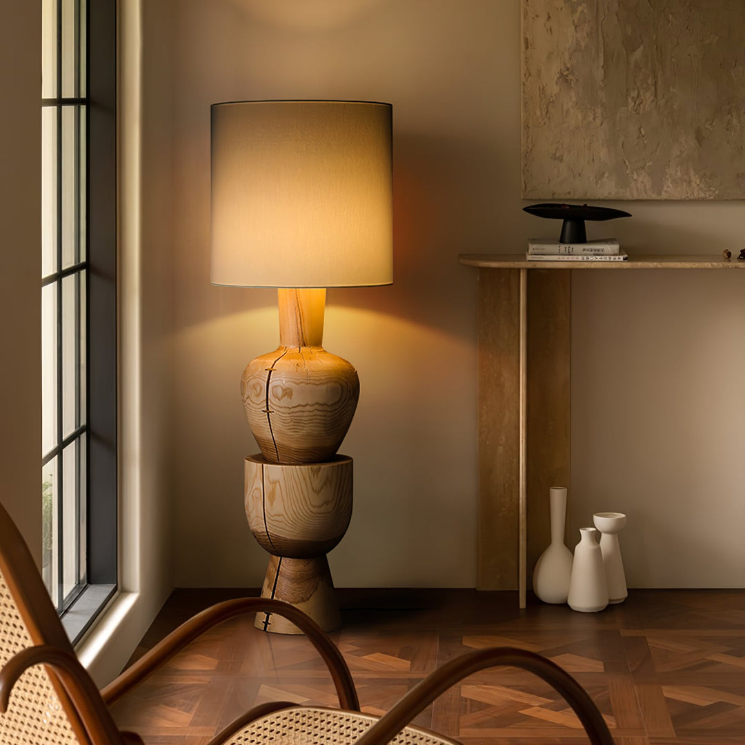Turned Solid Wood Floor Lamp Fabric Drum Shade 51.9 in Set of 2 2