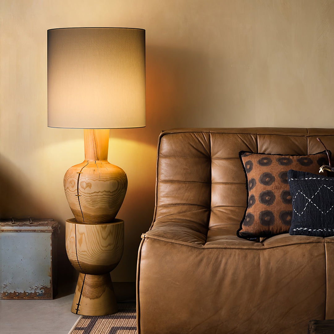Turned Solid Wood Floor Lamp Fabric Drum Shade 51.9 in Set of 2 5