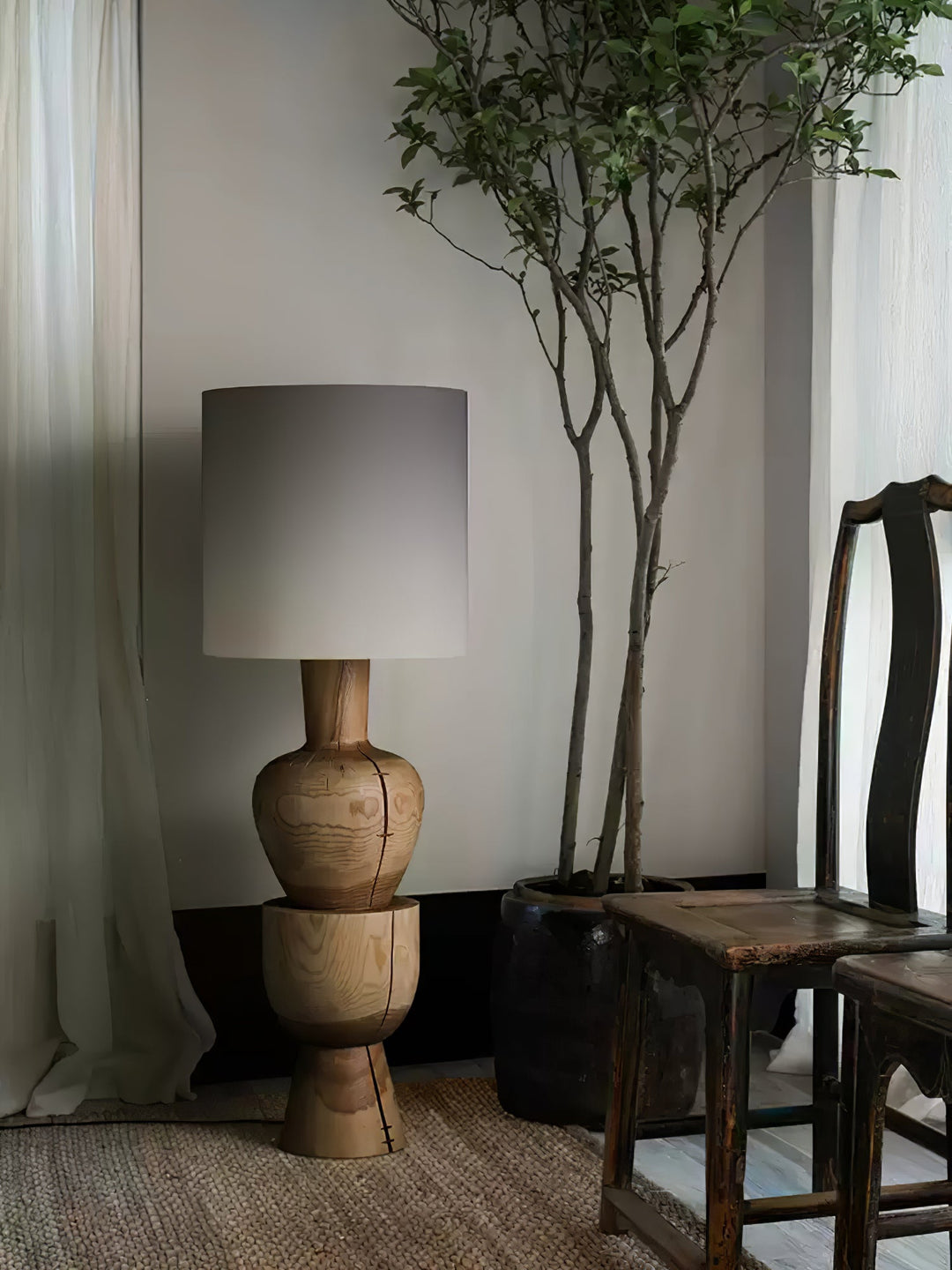 Turned Solid Wood Floor Lamp Fabric Drum Shade 51.9 in Set of 2 7