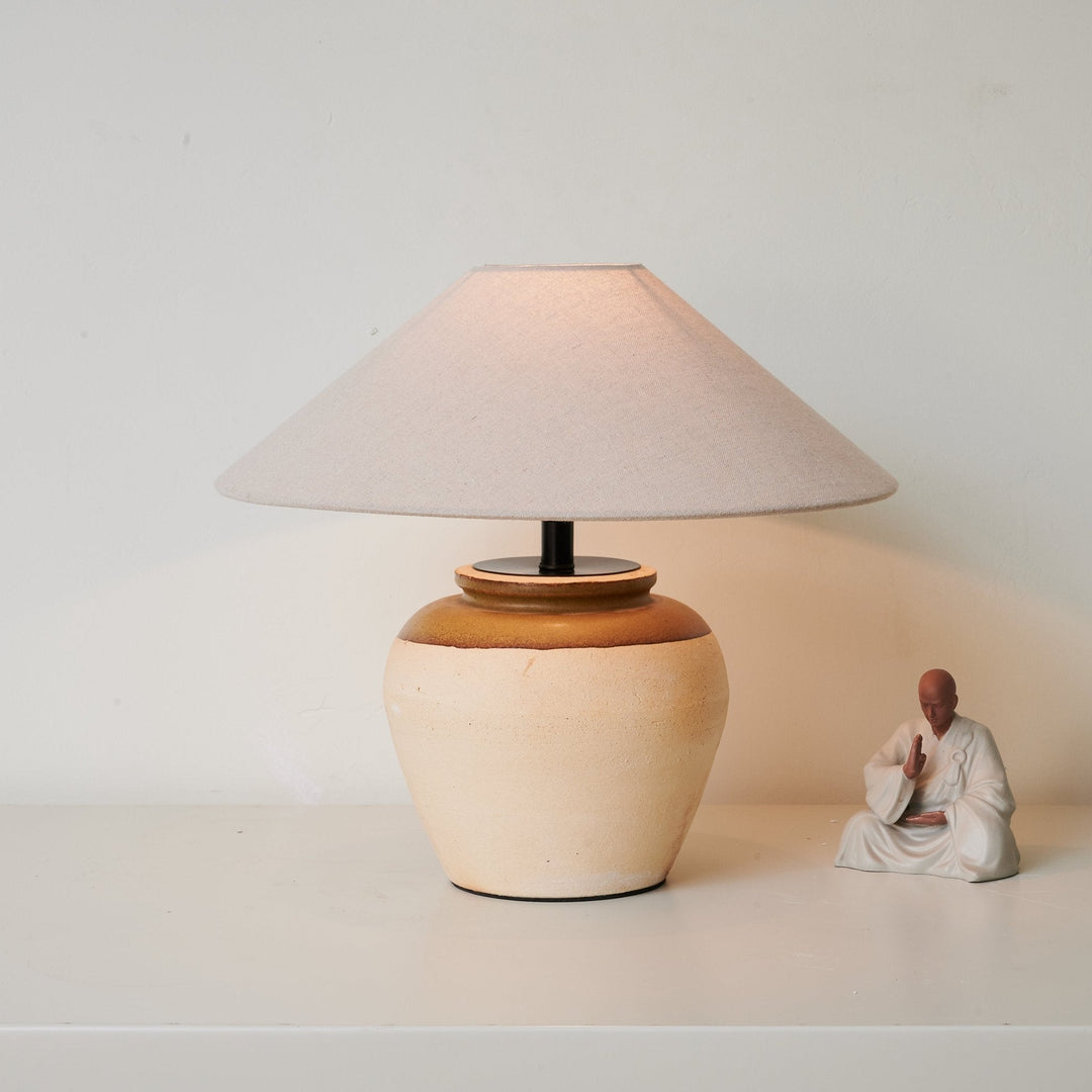 Two Tone Ceramic Table Lamp Beige Base Linen Shade 15.7 in Set of 3 2