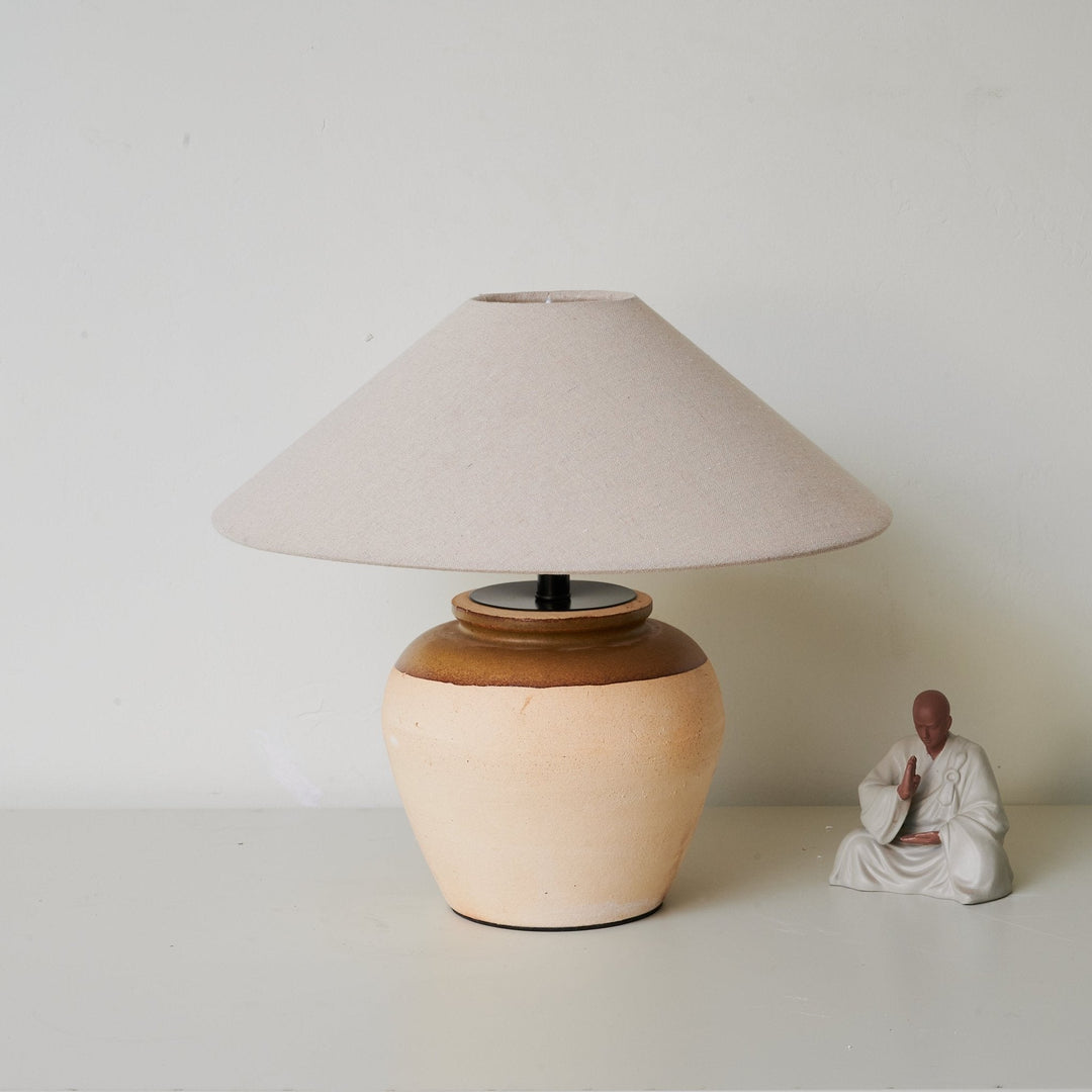 Two Tone Ceramic Table Lamp Beige Base Linen Shade 15.7 in Set of 3 3