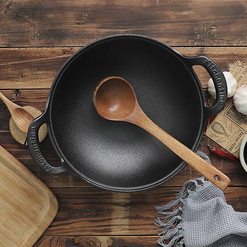 Uncoated Cast Iron Pot with Two Handles Pot with Wooden Lid 1