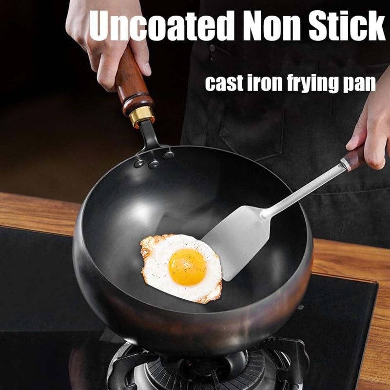 Uncoated Iron Wok Pot with Lid and Wooden Handle Set of 3 1