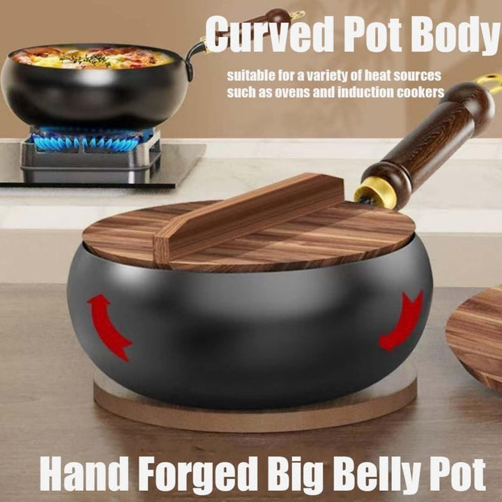 Uncoated Iron Wok Pot with Lid and Wooden Handle Set of 3 2
