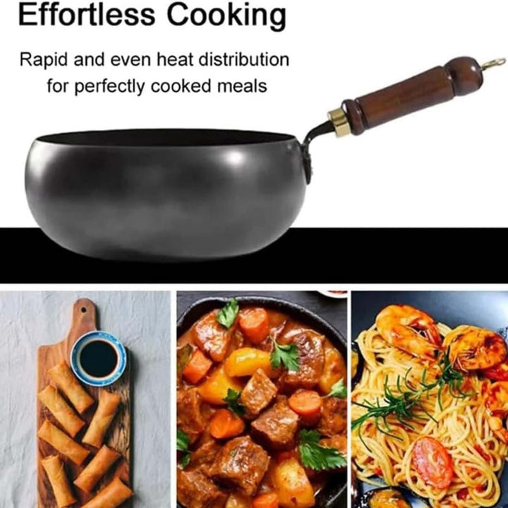 Uncoated Iron Wok Pot with Lid and Wooden Handle Set of 3 3