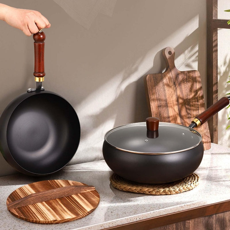Uncoated Iron Wok Pot with Lid and Wooden Handle Set of 3 5